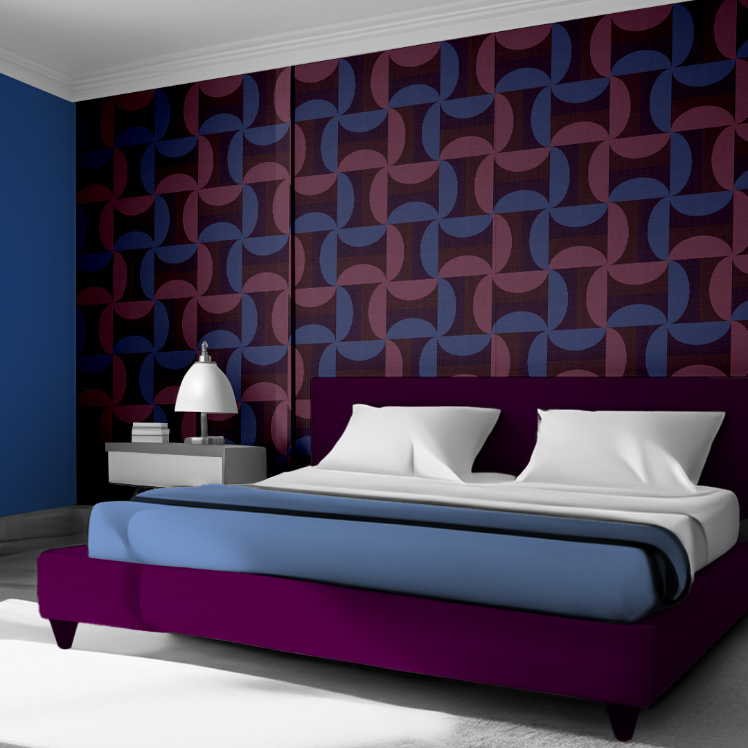 The artwork consists of a red square background with a repeating pattern of starburst shapes created by intersecting elongated lines. These lines are light-colored, contrasting sharply against the red background. The lines form multiple four-pointed stars with varying lengths and thicknesses, radiating outward in a geometric arrangement. The composition presents a clean, mid-century modern aesthetic, emphasizing simplicity and bold contrasts.